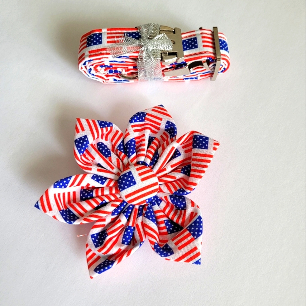 Dog Collar With Removable Flower American Flag Size Small